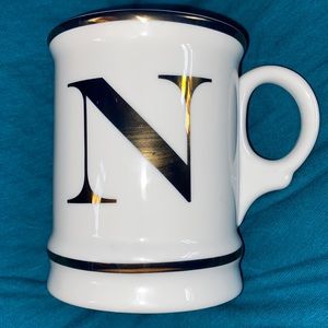 Williams Sonoma Gold Rimmed and Trim Monogramed “N” Coffee/Tea Mug -Holds 16oz